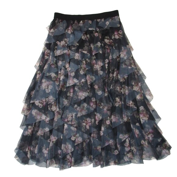 NWT by Anthropologie Cheri in Black Floral Ruffled Tulle Midi Skirt L - Picture 2 of 5